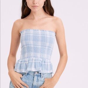 American Eagle Blue Striped Plaid Smocked Ruffle Fitted Tube Top Womens Size XS